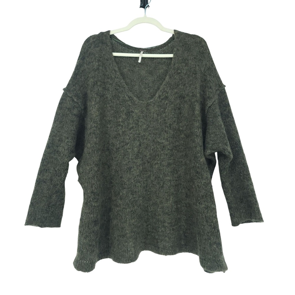 Free People Alpaca Mohair Sweater Womens L Green Fuzzy Oversized Boho Earthy Top
